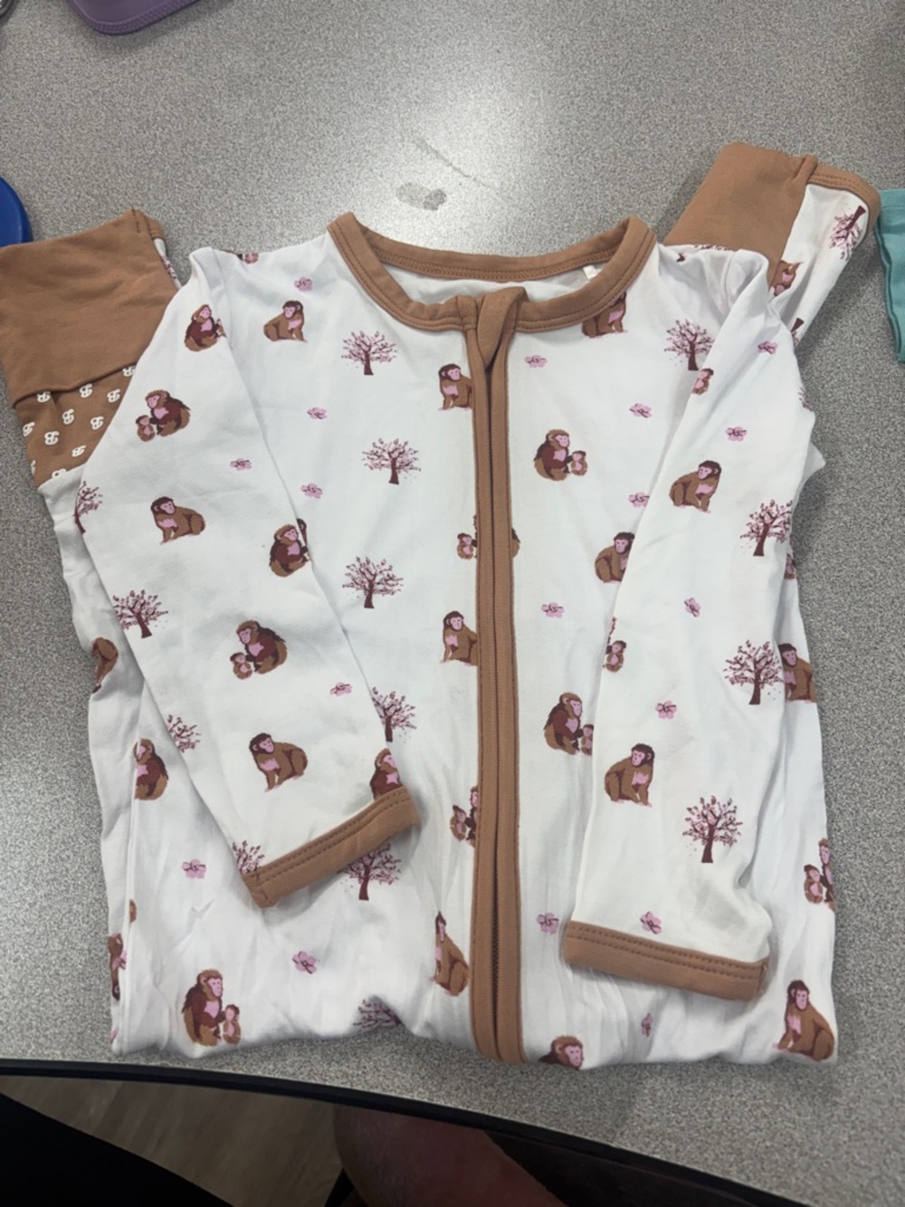 Kids White Monkey-Print Pajama Footie with Brown Trim